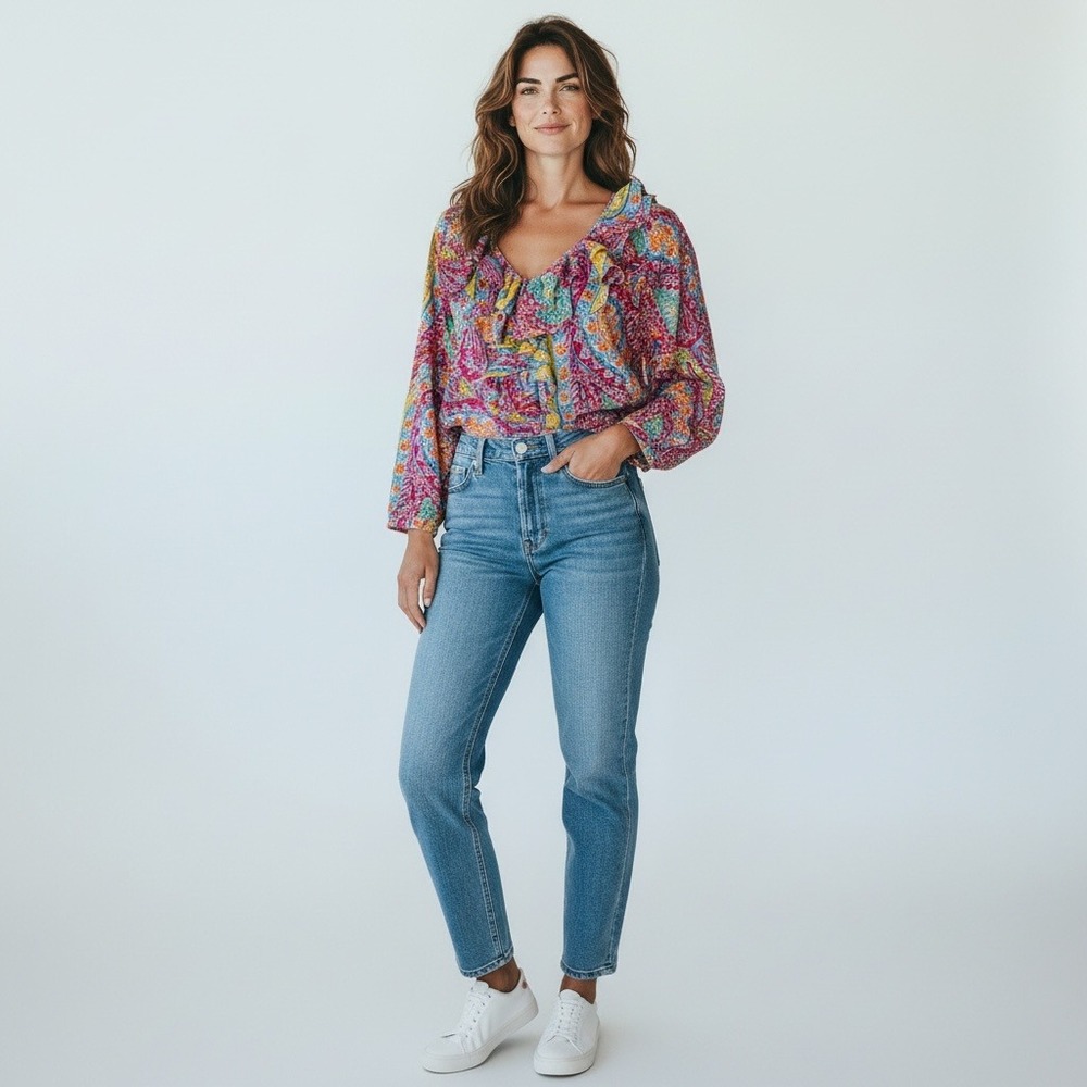 Lauren Ralph‎ Lauren Women's M Paisley Ruffle V Neck Long Sleeve Blouse Shirt